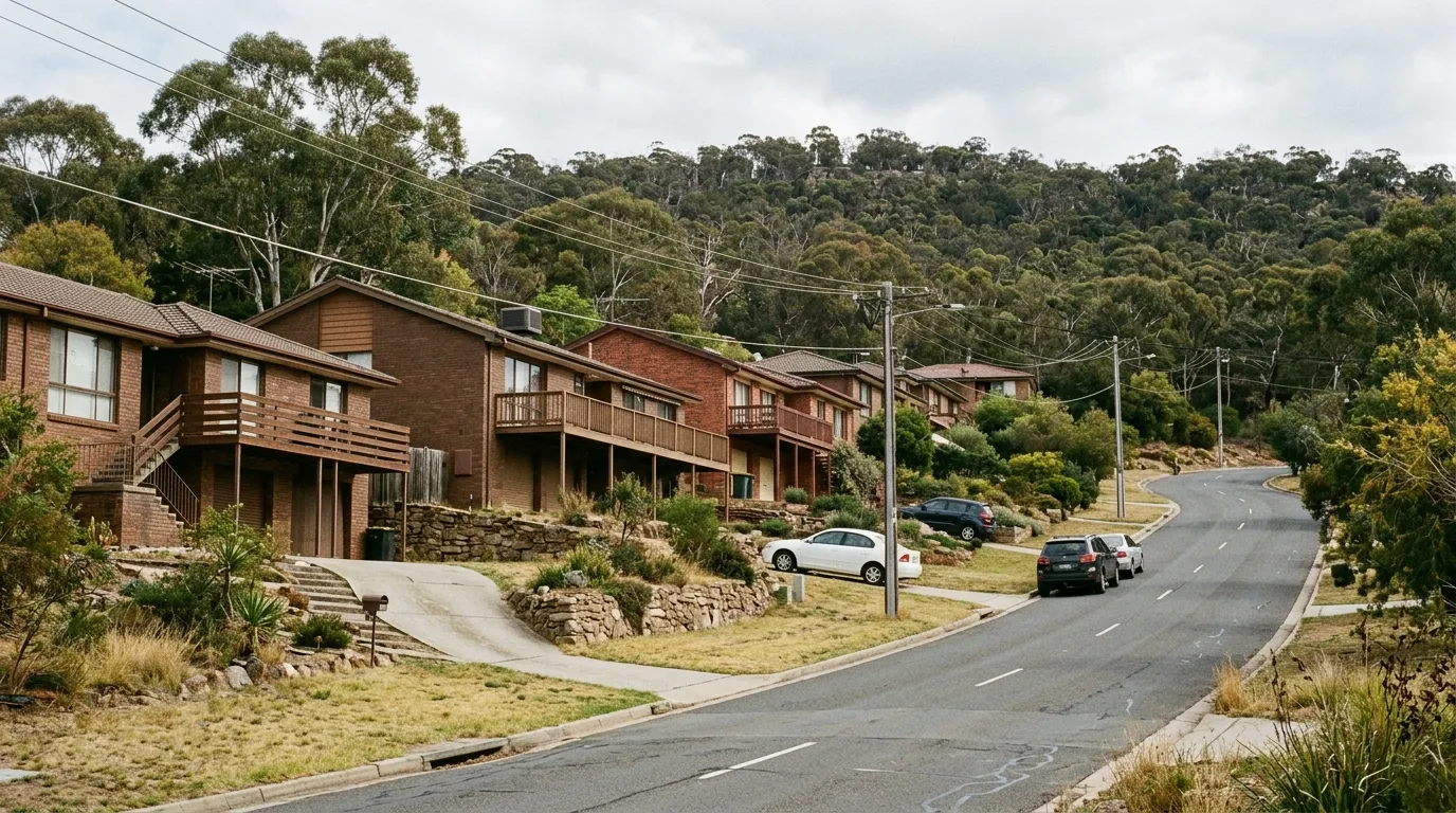 Homes on a sloping Chapman street in Canberra with the bushland of Cooleman Ridge behind