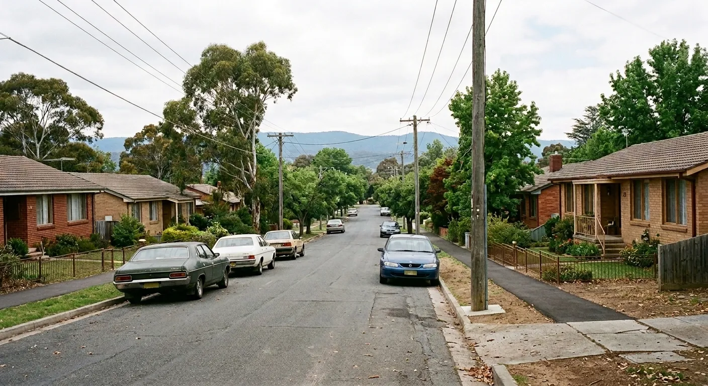 A residential street of 1960s brick homes with established trees in Curtin, Canberra