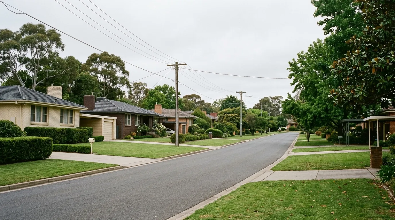 A quiet Deakin street in Canberra with post-war brick houses set back behind mature trees