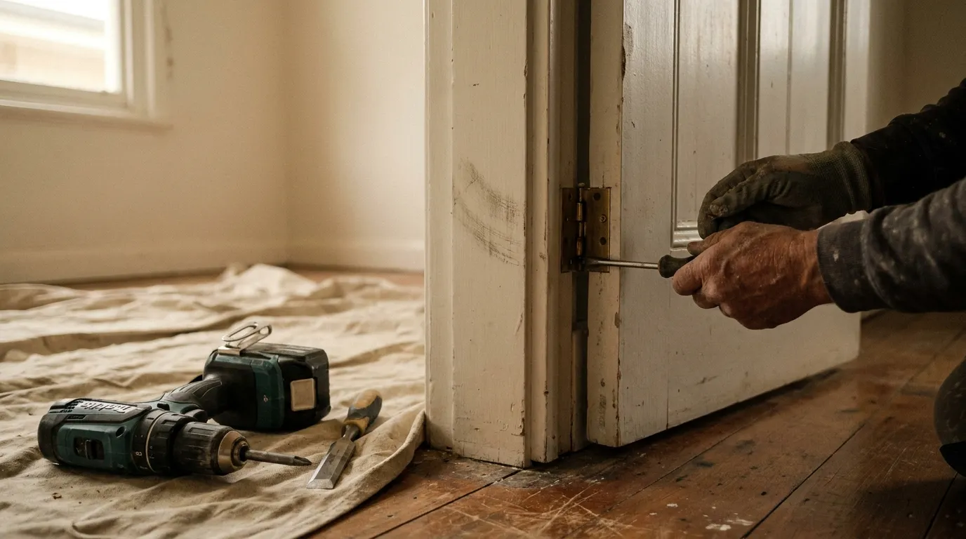 Adjusting the hinge on an internal timber door in an older Canberra home, with a drill and drop sheet on the floor