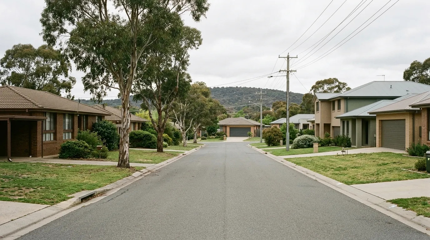A Duffy street in Canberra with 1970s brick homes alongside newer rebuilt houses and the hill behind