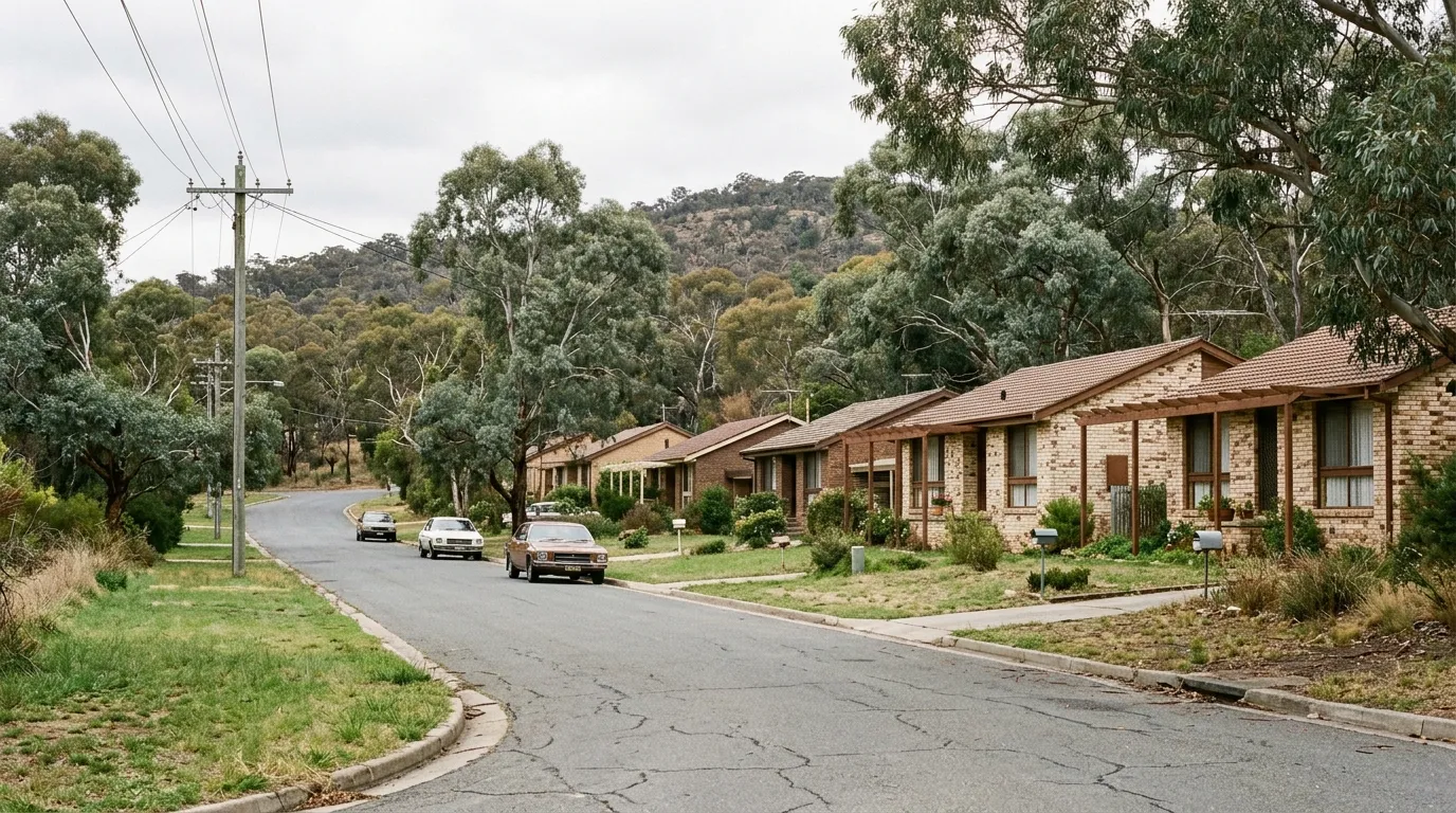 A Fisher street in Canberra with 1970s homes and the bushland of Canberra Nature Park behind