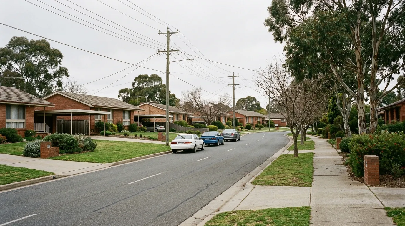 An early-1970s brick home behind a low fence on a tree-lined Holder street in Canberra