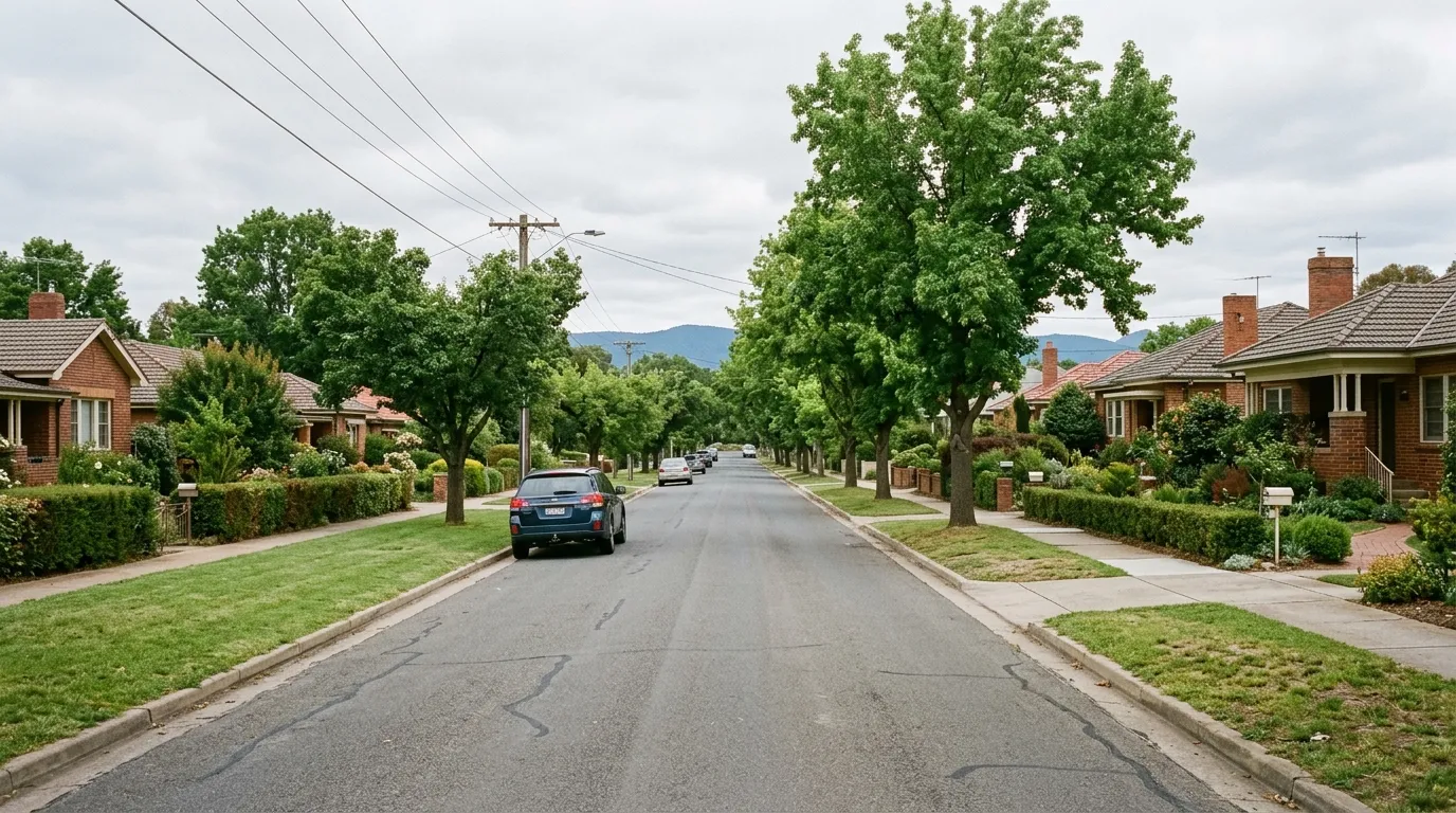 A tree-lined Inner South Canberra street with 1920s brick houses behind established front gardens