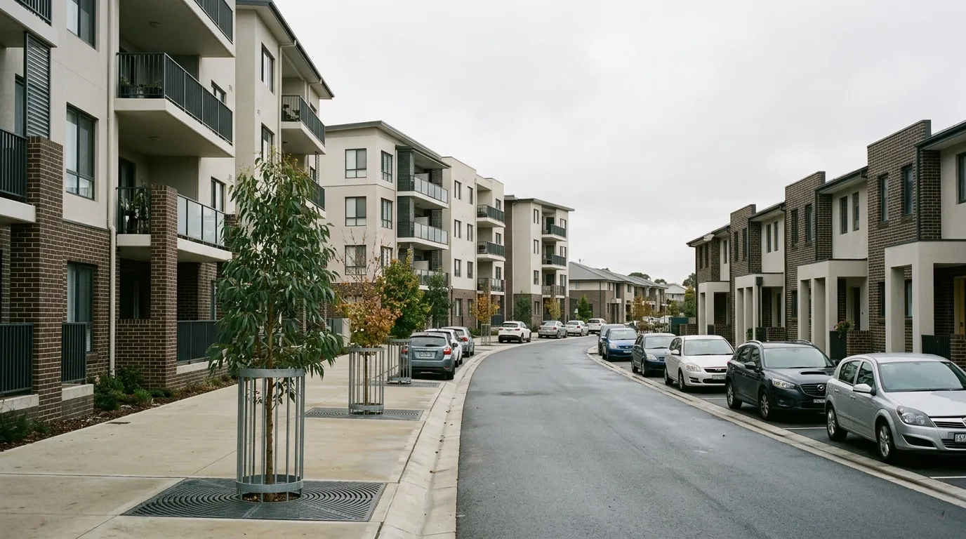 Apartment buildings and townhouses along a Kingston street in Canberra, with mature street trees