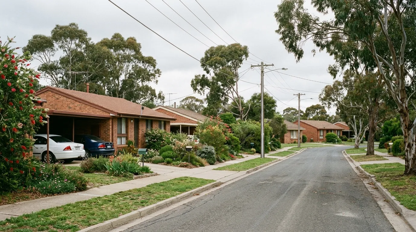 A Rivett street in Canberra with 1970s homes, established front gardens and mature street trees