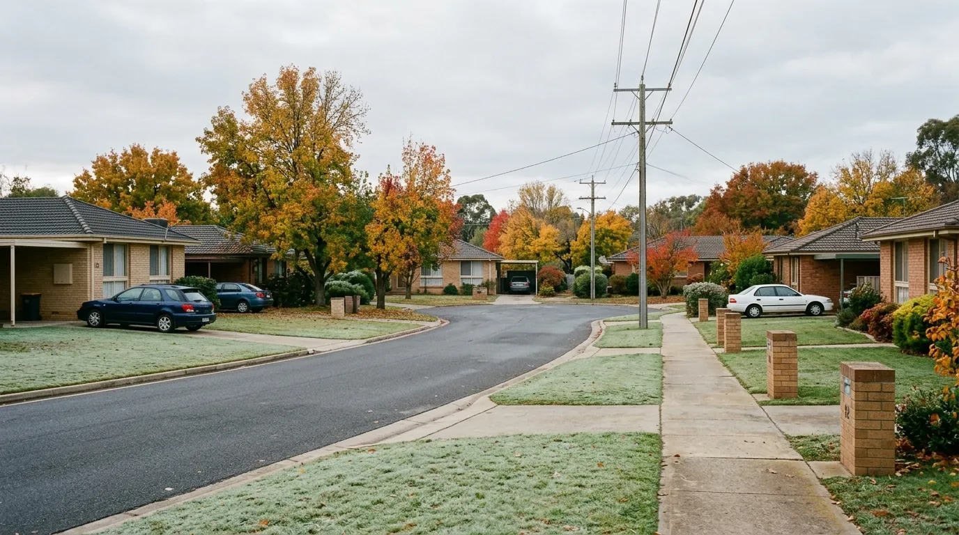 A quiet Stirling street in Canberra with 1970s brick homes and mature street trees