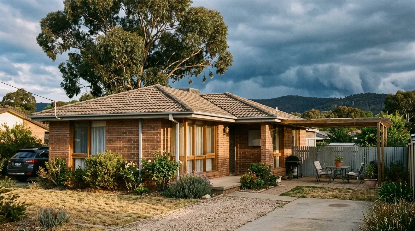 A Canberra brick home with gutters and a large gum overhanging the roof as a storm front builds behind it