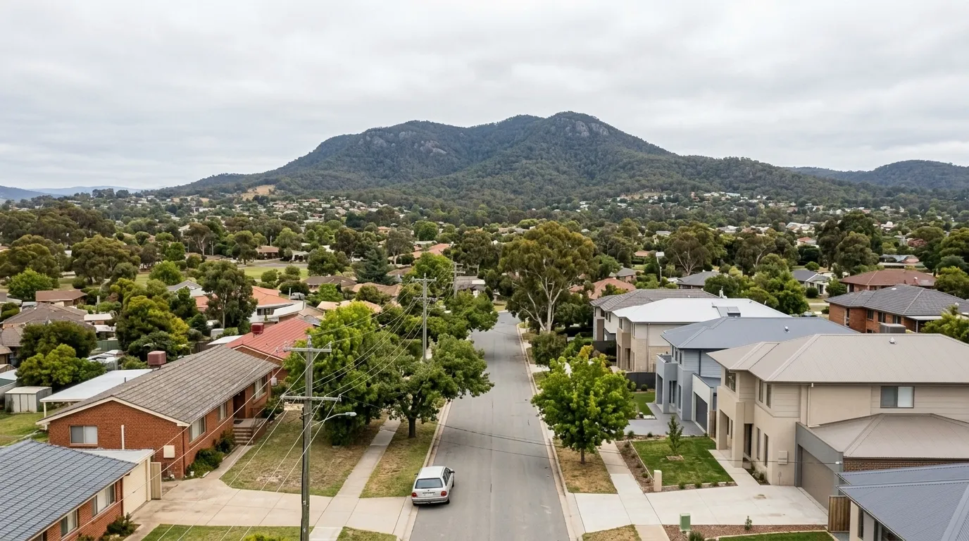 Rooftops of Weston Creek homes with the ridgelines behind, Canberra