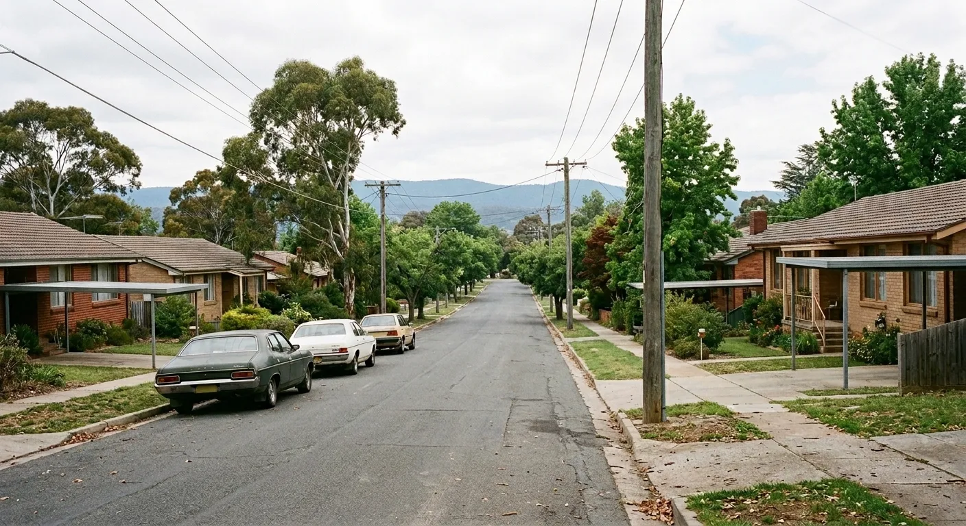 A residential street of 1970s brick homes with established gardens in Weston, Canberra