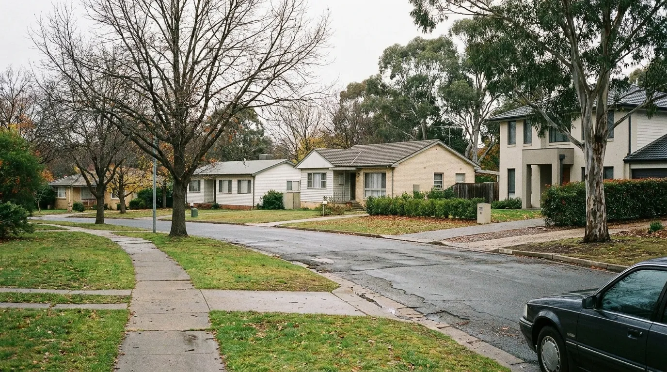 A Yarralumla street in Canberra with original mid-century houses and larger modern rebuilds behind established front gardens